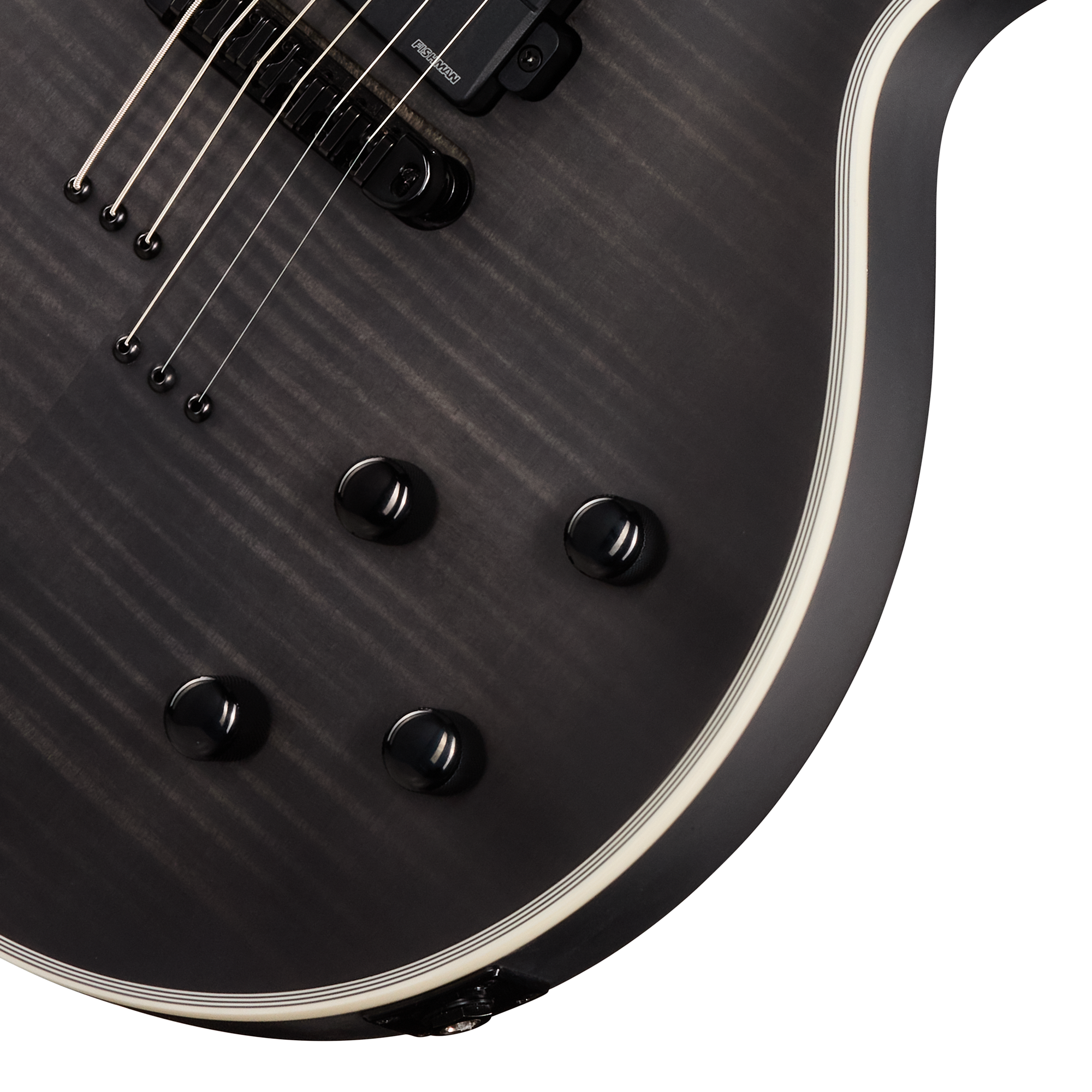 E-Gitarre, Schwarzer Korpus, Flamed-Maple-Decke, Doppelspulen-Tonabnehmer, Cremefarbenes Binding